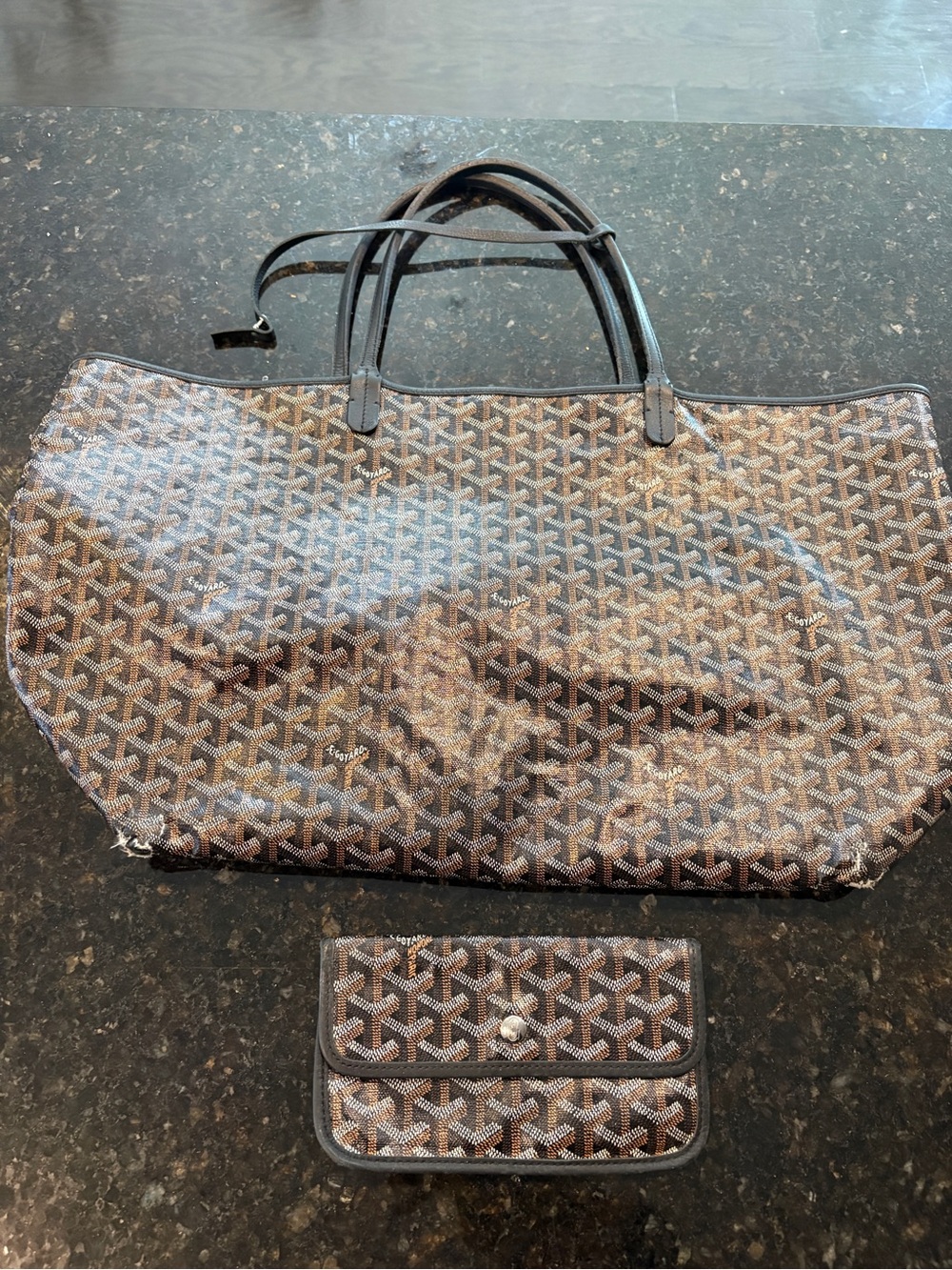 Goyard St. Louis Large Tote with Matching Wallet - Brown/Black Goyardine